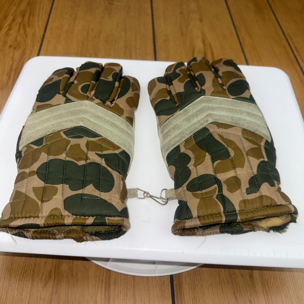 Vintage Sears Duck Camo Hunting Gloves Leather Palm Rubberized Nylon Mens Large